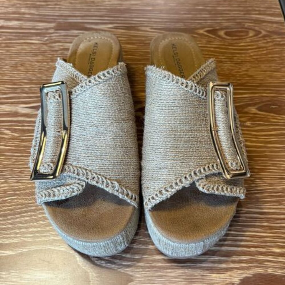 Kelsi Dagger Beige Woven Platform Slide Sandals with Gold Buckle - Picture 2 of 4